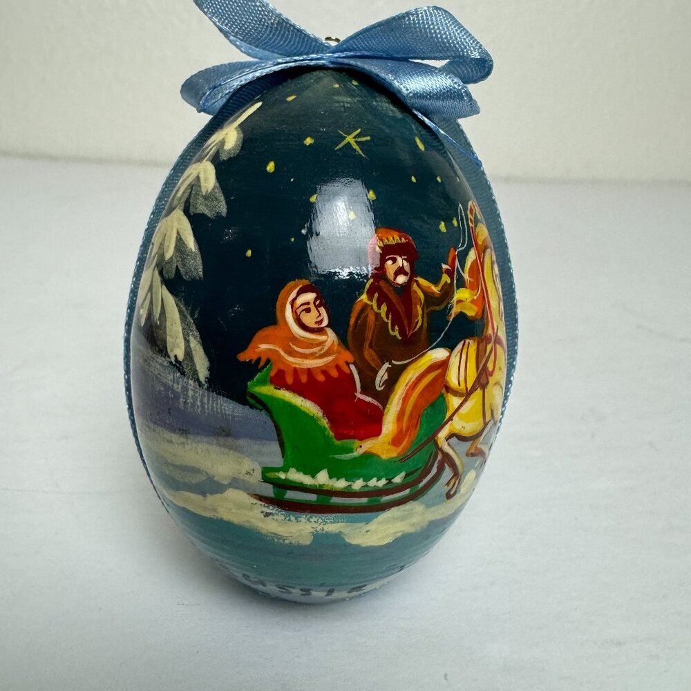 Russian Hand Painted Folk Art Lacquer Egg Winter Horse Village Signed